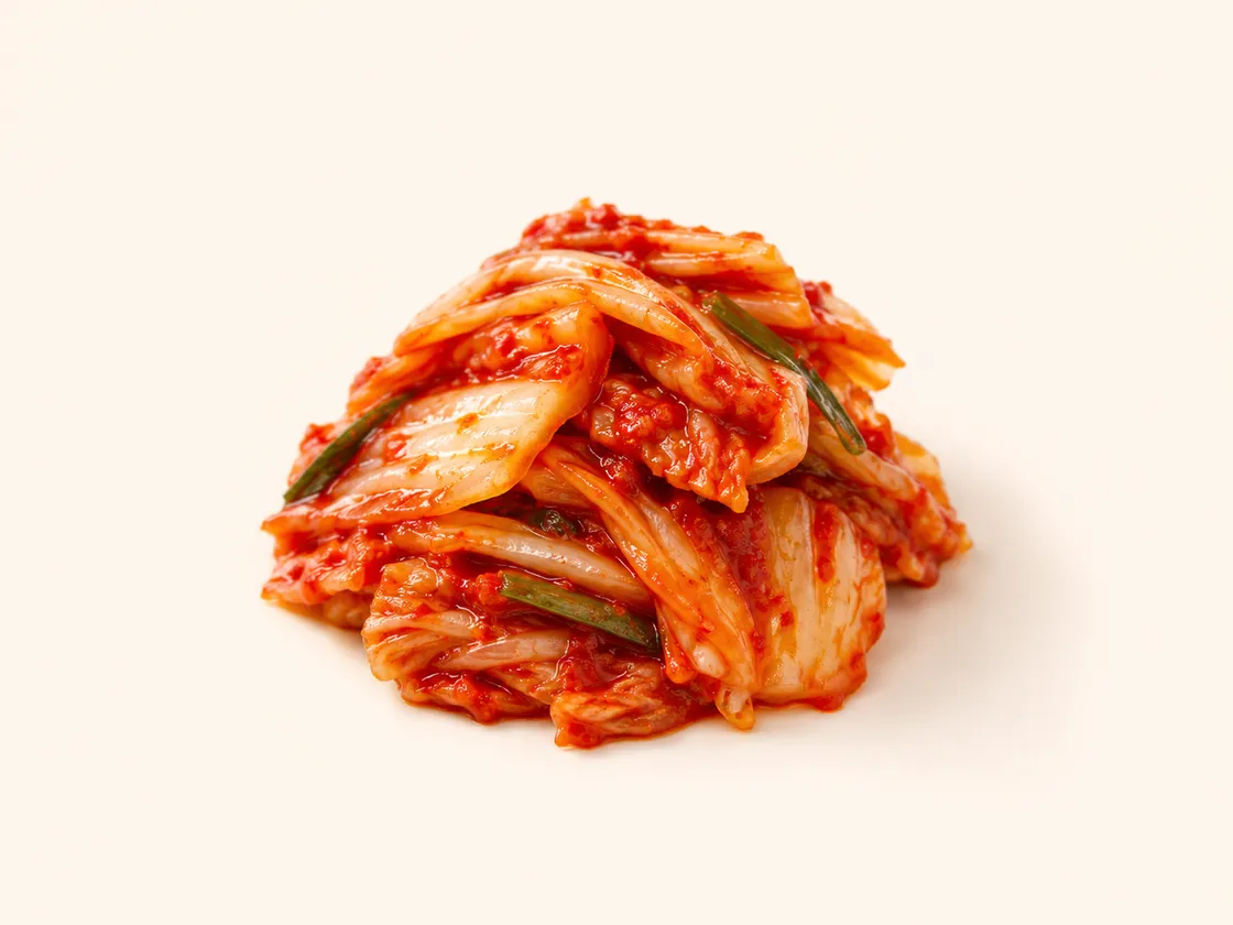 A mound of red napa cabbage kimchi