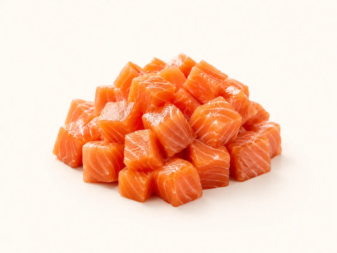 Cubes of fresh raw salmon