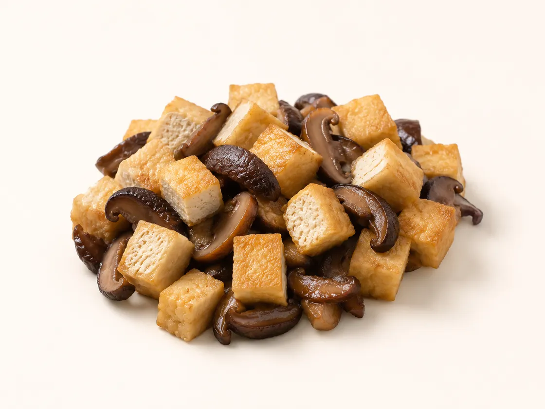 Golden tofu cubes with pickled shiitake mushrooms