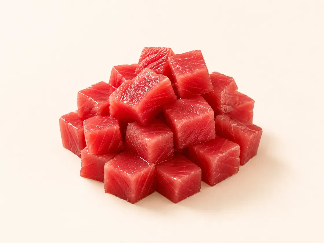 Deep red cubes of raw ahi tuna