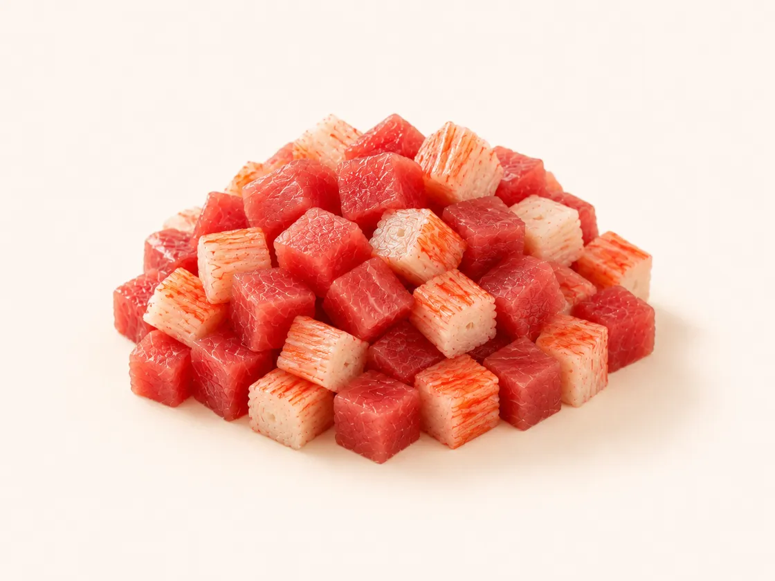 Cubes of ahi tuna mixed with shredded kanikama